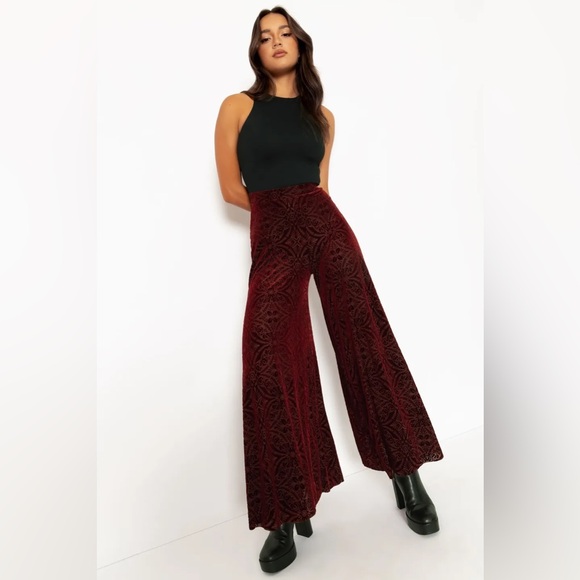 BLACKMILK Burned Velvet Wine PALAZZO PANTS! Flowy Sheer Wide Leg High Waist - Picture 2 of 6
